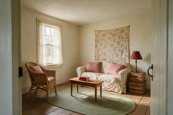 A cozy cottagecore living room with cream walls, a floral-draped loveseat, a wicker armchair, and a small wooden coffee table on a pale green oval rug. Soft daylight enters through a lace-curtained window, and a red-shaded table lamp sits on stacked wooden crates beside the sofa.