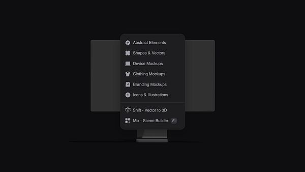 The image displays a user interface menu for design elements on a dark background.