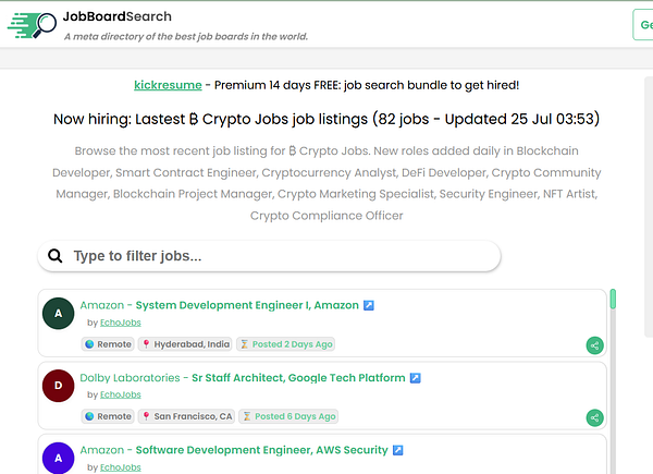 The image displays a job listing interface for crypto-related positions on JobBoardSearch.