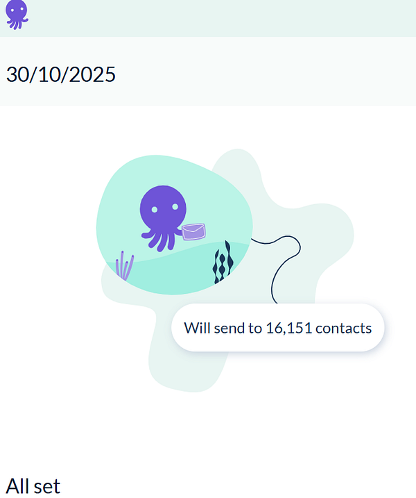 A colorful illustration depicting an octopus preparing to send a newsletter to a large number of contacts.