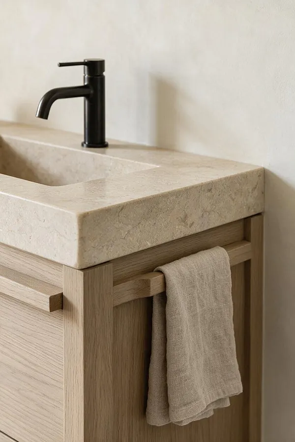 A Scandinavian-style bathroom vanity with a light oak wood cabinet topped by a thick beige stone sink and countertop. A matte black faucet sits against a soft white wall, and a neutral linen towel hangs from a wooden rail on the front.