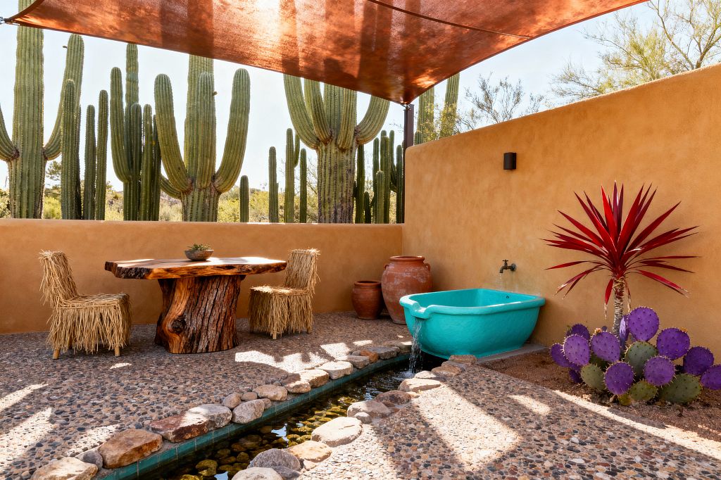 A sunlit Southwestern patio features an adobe stucco wall, a rust-colored shade sail, and desert cacti beyond. A live-edge wood table with two raffia-fringed chairs sits on pebble aggregate paving beside a turquoise basin under a wall spout that feeds a stone-lined rill; terracotta pots, a burgundy spiky plant, and a purple prickly pear add saturated color.