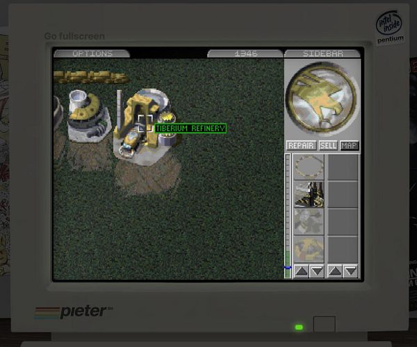 The image displays a retro computer screen showing gameplay from Command & Conquer 1.