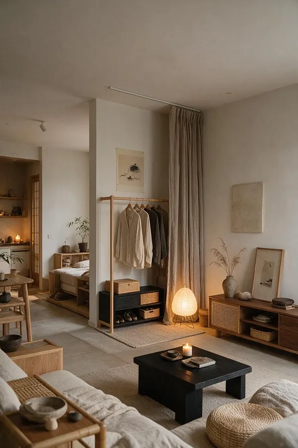 A calm Japandi-style closet area with a light wood clothes rack holding neutral shirts and jackets, woven storage baskets, and a soft floor lamp beside a beige curtain. The room features warm wood furniture, a black low table, textured rugs, and minimal wall art in a muted neutral palette.