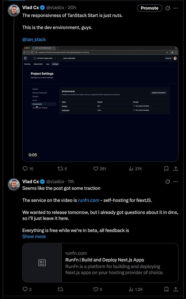 A Twitter post showcasing a development environment for TanStack with user engagement metrics.