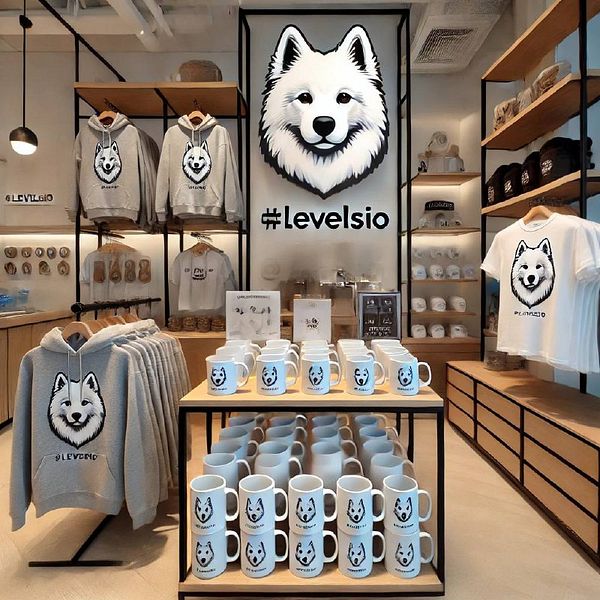A stylish merchandise store display featuring apparel and mugs with a wolf logo.