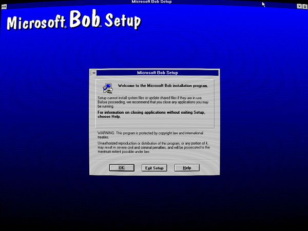 Screenshot of the Microsoft Bob installation interface with welcome message and navigation options.