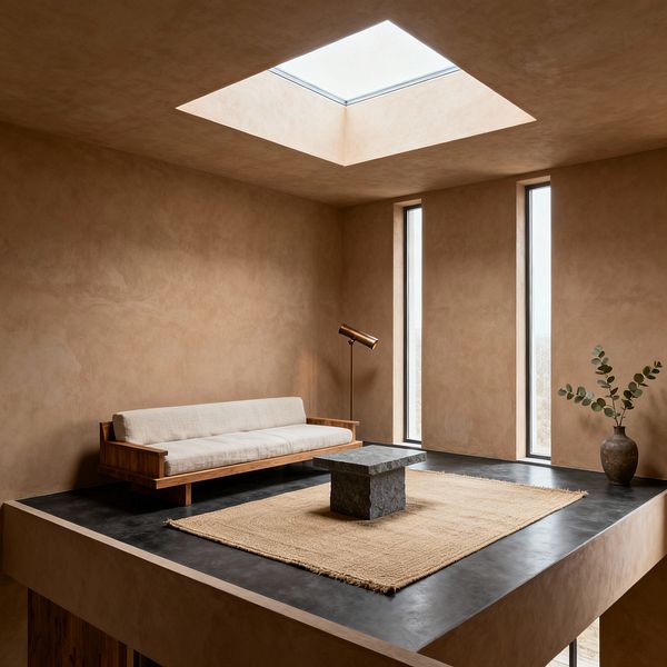 A minimalist living room with warm sand-toned plaster walls is illuminated by a large square skylight and two narrow floor-to-ceiling windows. On a charcoal concrete platform sit a low solid-wood sofa with ivory cushions, a monolithic dark stone coffee table, and a natural jute rug, with a slender brass floor lamp and a single ceramic vase holding eucalyptus for restrained decoration.