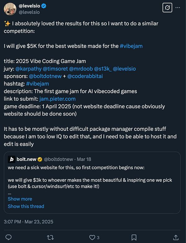 A Twitter post announcing a $5K competition for the best website design for the #vibejam cause.