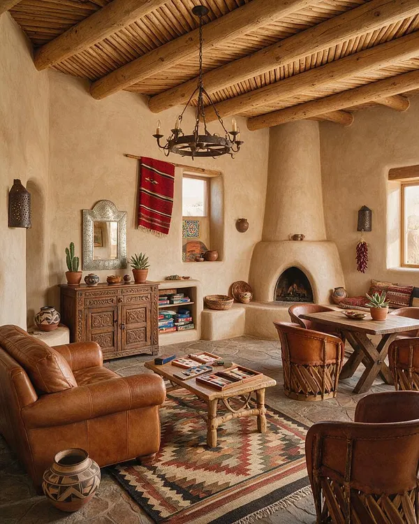 A Southwestern-style game room with exposed wood beam ceilings, textured adobe walls, and a kiva-style fireplace. Leather seating, carved wood furniture, a patterned rug, and woven accents create a warm, rustic atmosphere.