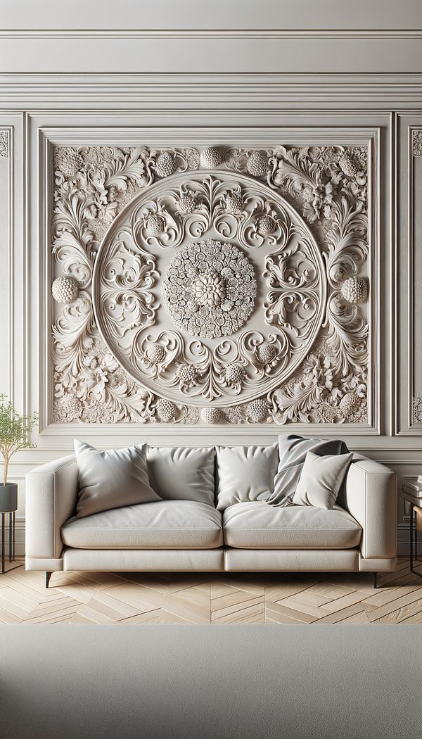 An elegant living room wall featuring a low relief floral pattern that subtly stands out from its surroundings.