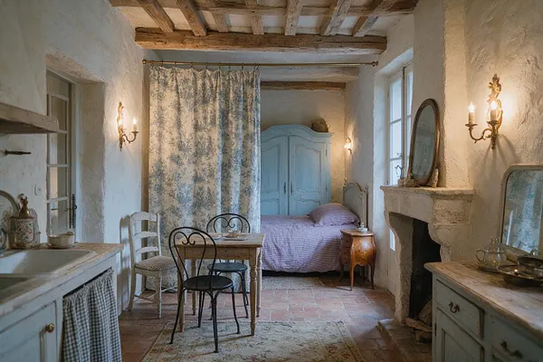 A compact studio apartment in French Country style with white plaster walls, exposed wooden ceiling beams, and a stone fireplace. The room includes a small bed behind a floral curtain, a painted blue wardrobe, a rustic table with mixed vintage chairs, and soft neutral finishes throughout.