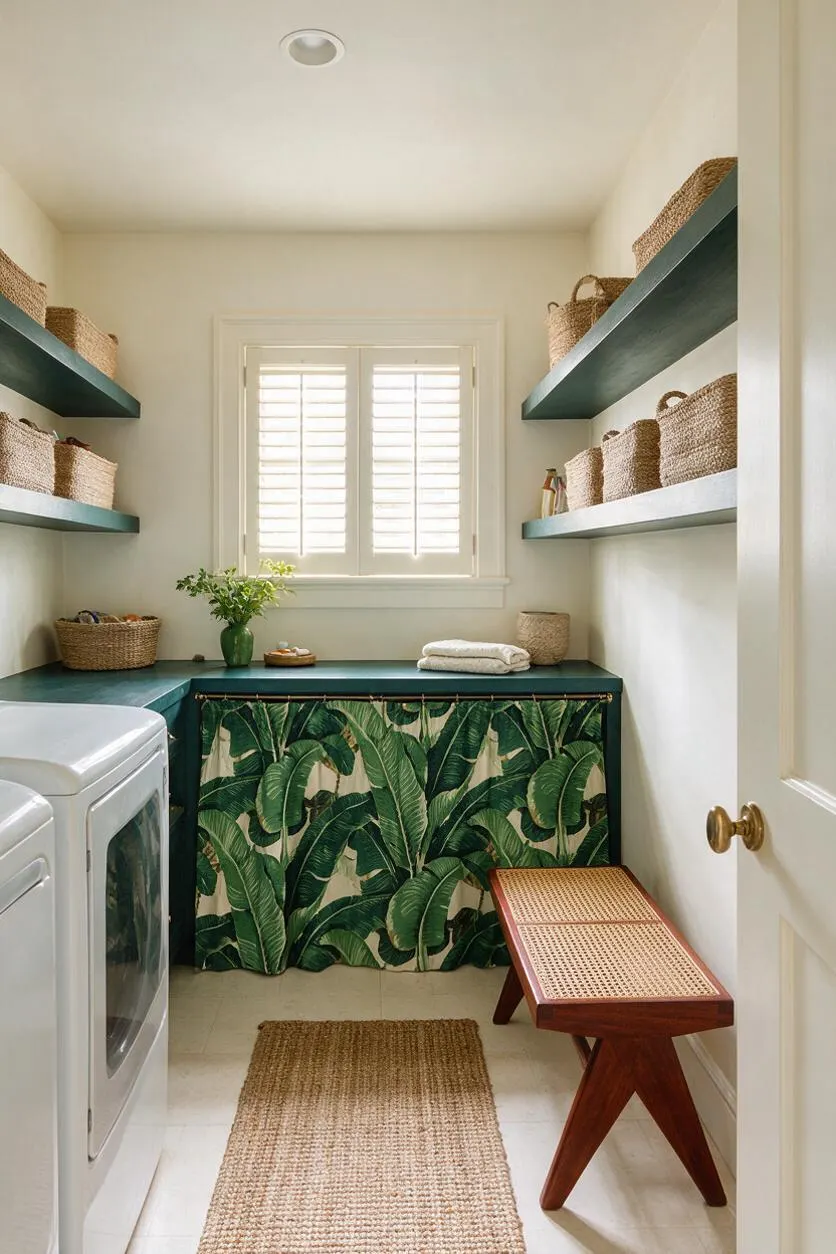 A narrow basement laundry room with teal open shelves, a leafy banana-pattern cabinet skirt, woven baskets, and a small window with white shutters. A white washer and dryer sit on the left, while a cane-top bench, jute runner, and small greenery add natural tropical warmth.