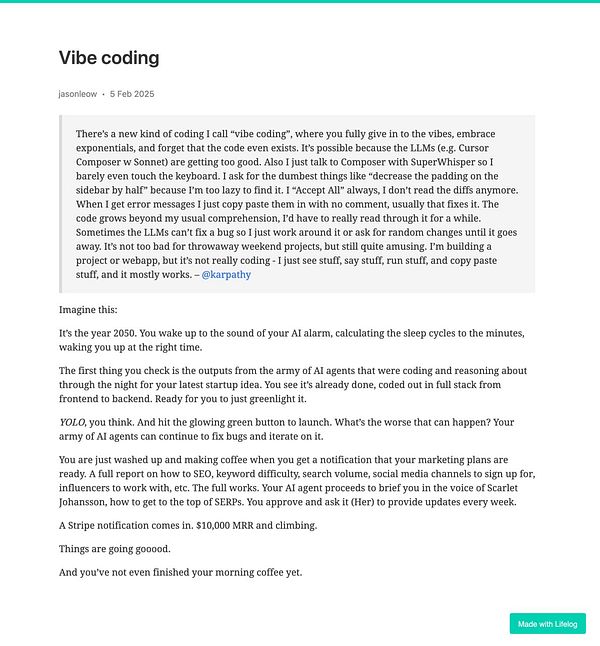 A blog post titled 'Vibe coding' discusses a new approach to coding in a futuristic context.