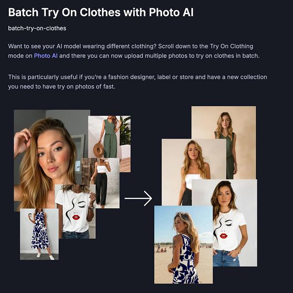 The image illustrates the Batch Try On feature of Photo AI, showcasing various clothing options on a model's photos.