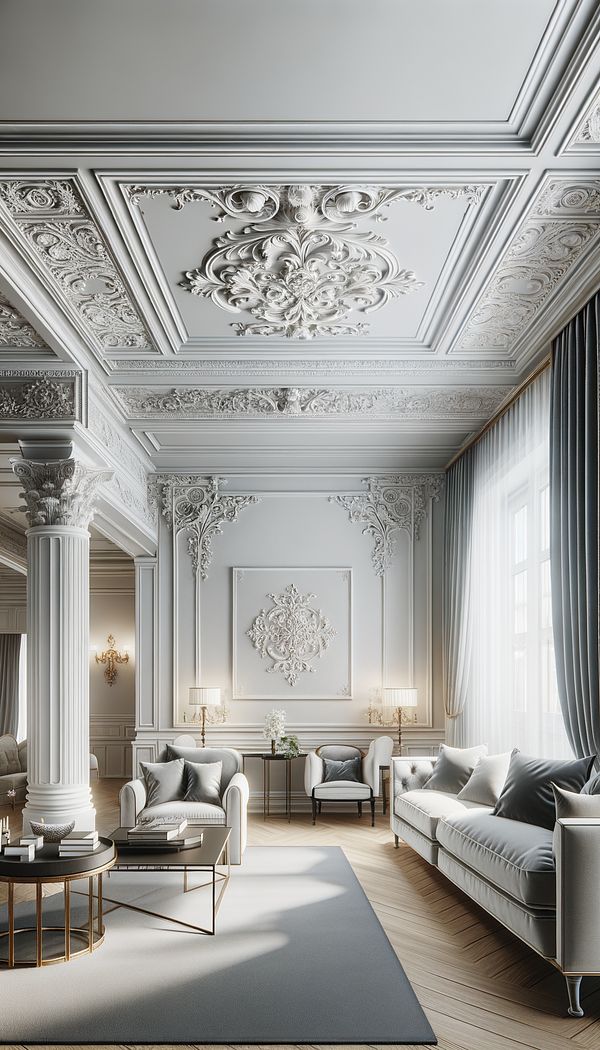 A sophisticated living room featuring intricately designed white crown molding at the junction between the elegantly painted walls and the ceiling, adding a luxurious touch to the overall room design.