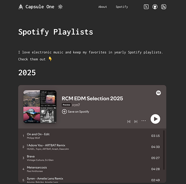 The image displays a Spotify playlist page titled 'RCM EDM Selection 2025' on the Capsule One website.