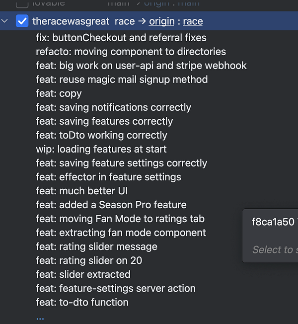A list of recent Git commits is displayed in a code editor interface.