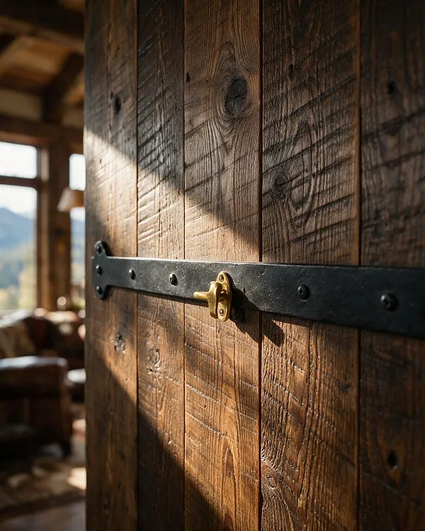 A close-up of a rustic wooden door made of vertically joined planks with visible grain, knots, and weathered texture. A black iron strap with a brass latch runs across the center, with a softly lit cabin interior and mountain-view window blurred in the background.