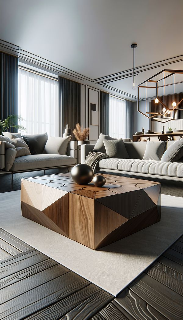a modern coffee table with chamfered edges in a contemporary living room setting