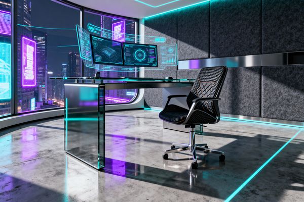 Futuristic home office with a curved wall of floor-to-ceiling windows overlooking a neon-lit city, where a transparent glass desk with chrome framing holds dual floating holographic monitors above a polished concrete floor with inset cyan LED lines and matching ceiling coves. One wall is clad in charcoal acoustic felt panels with a horizontal brushed-metal band, and a black ergonomic task chair with diamond-quilted upholstery and a chrome wheeled base completes the scene in teal and magenta light.