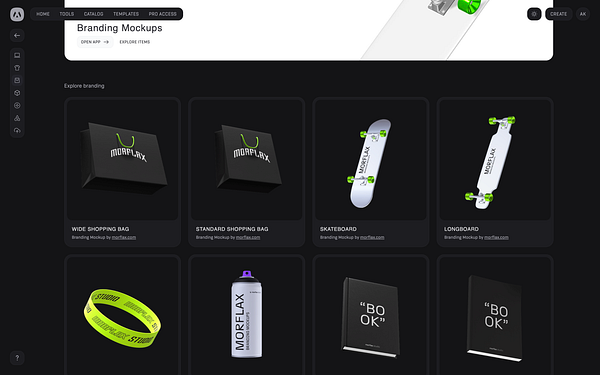 The image displays a dark mode interface showcasing various branding mockups for a design project.