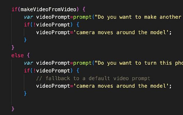 The image displays a code snippet that handles video prompts based on user input.