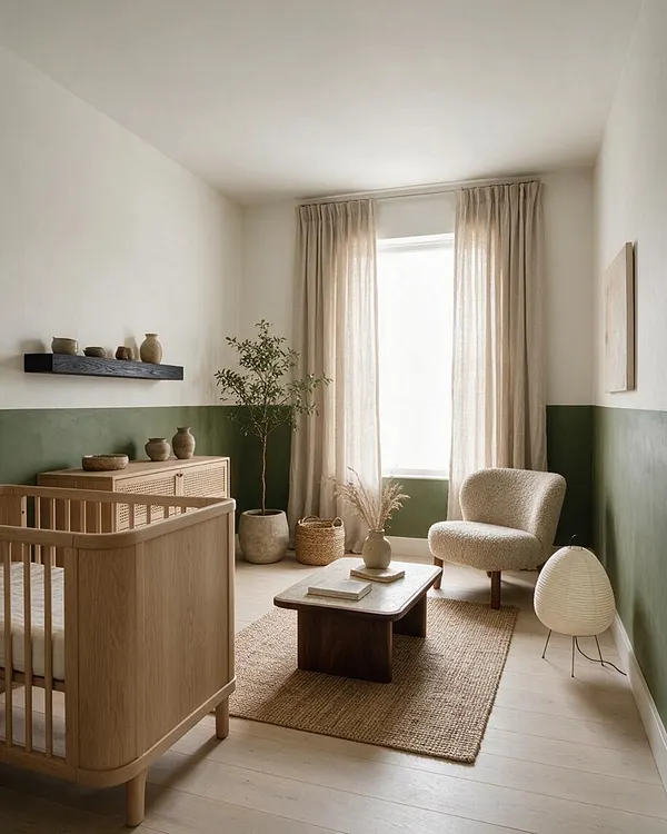 A calm Japandi-style nursery with a light wood crib, olive green lower walls, and warm white upper walls. The room includes a woven rug, boucle accent chair, low wood coffee table, sheer beige curtains, and natural decor pieces like baskets, pottery, and a potted tree.