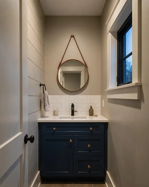 A narrow farmhouse powder room with warm beige walls, a navy blue vanity, white quartz countertop, and white subway tile backsplash. A round wood-framed mirror hangs above the sink, with brass hardware, a small window with dark trim, and a simple towel ring on the left wall.