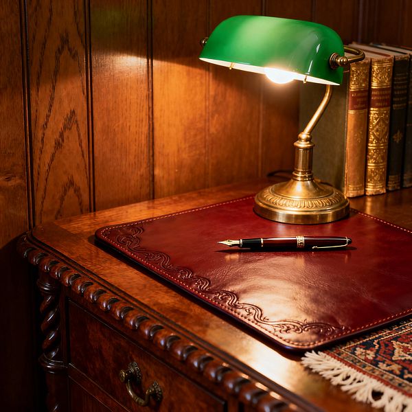 A close-up of a traditional home office shows a carved mahogany desk with a burgundy leather blotter and a black fountain pen with gold trim. A brass banker’s lamp with an emerald-green glass shade casts warm light on honey-toned wood paneling, next to leather-bound books with gilt detailing and a small fringed Persian-style textile at the desk’s edge.