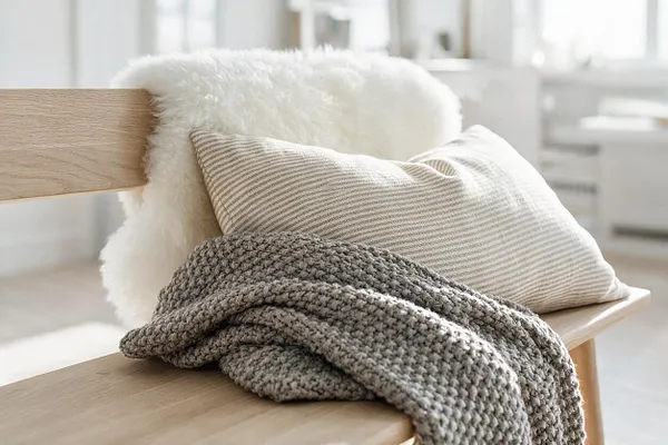 A light wood Scandinavian-style bench is styled with a fluffy white sheepskin throw, a beige striped linen pillow, and a chunky gray knit blanket. The soft neutral palette and natural materials create a warm, cozy, minimalist look.
