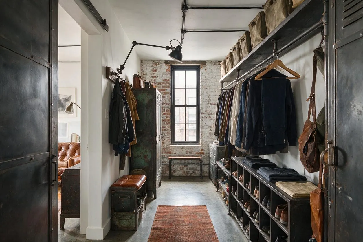 A narrow industrial-style closet with exposed whitewashed brick walls, black metal doors, and a concrete floor. The space includes open clothing racks, metal shelving with shoes and folded clothes, vintage trunks, a leather bench, and a tall window bringing in natural light.
