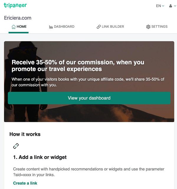 Screenshot showing an affiliate program dashboard with earnings and statistics for BookSurfCamps.