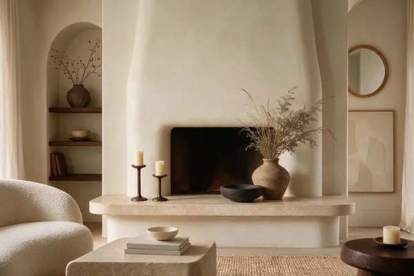 A serene living room vignette features a sculptural plaster fireplace with a pale stone mantel, flanked by built-in niches and simple shelves. Neutral upholstery, ceramic vessels, dried botanicals, and warm wood accents create a soft Organic Modern atmosphere.