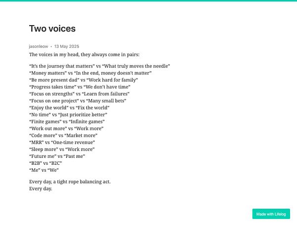 A list of contrasting thoughts and dilemmas presented in a structured format.