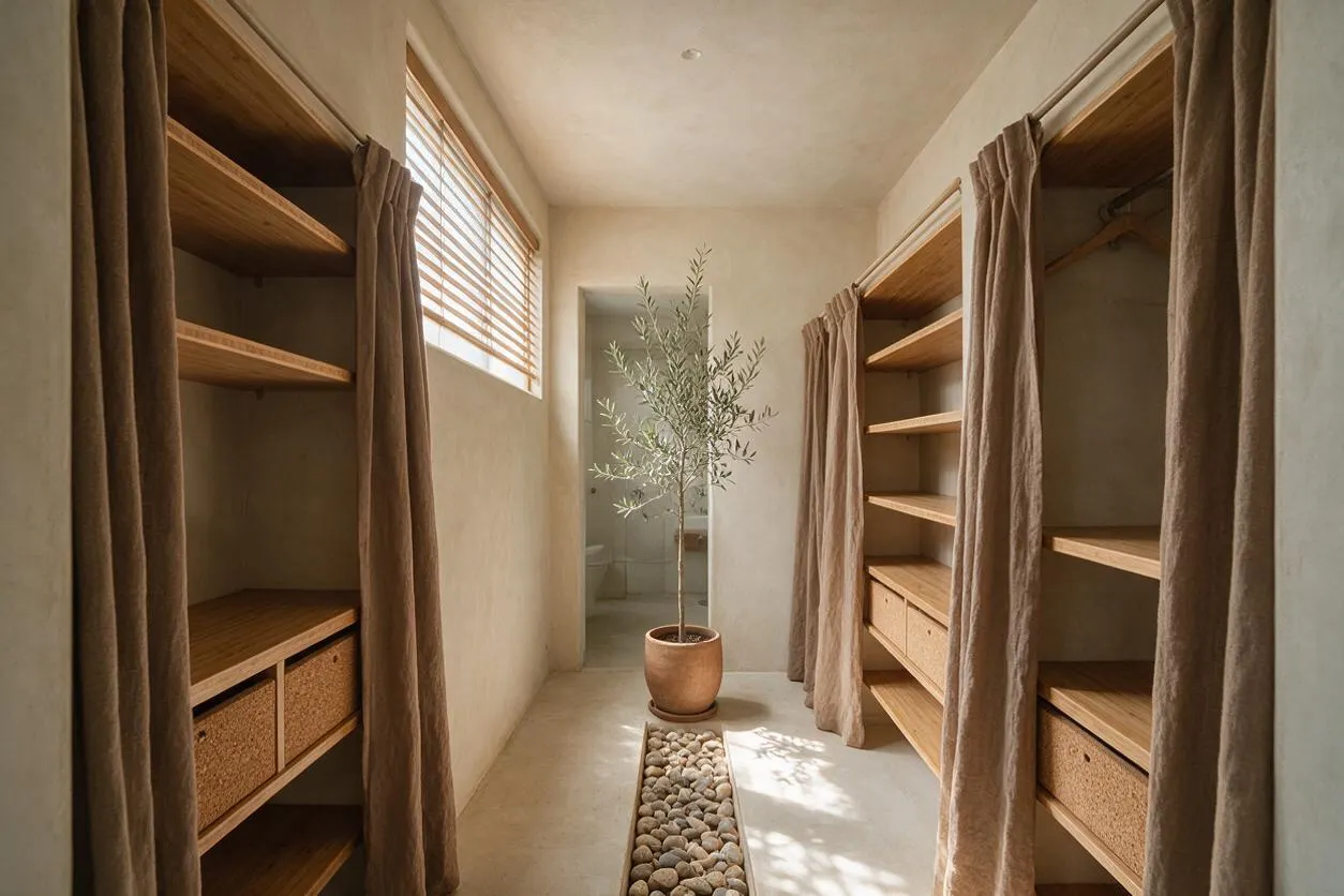 A narrow closet dressing area with open wooden shelving on both sides, partially concealed by soft linen curtains. A small potted tree stands at the end of the room beside a doorway, while a window with wooden blinds brings in natural light over a pebble floor detail.