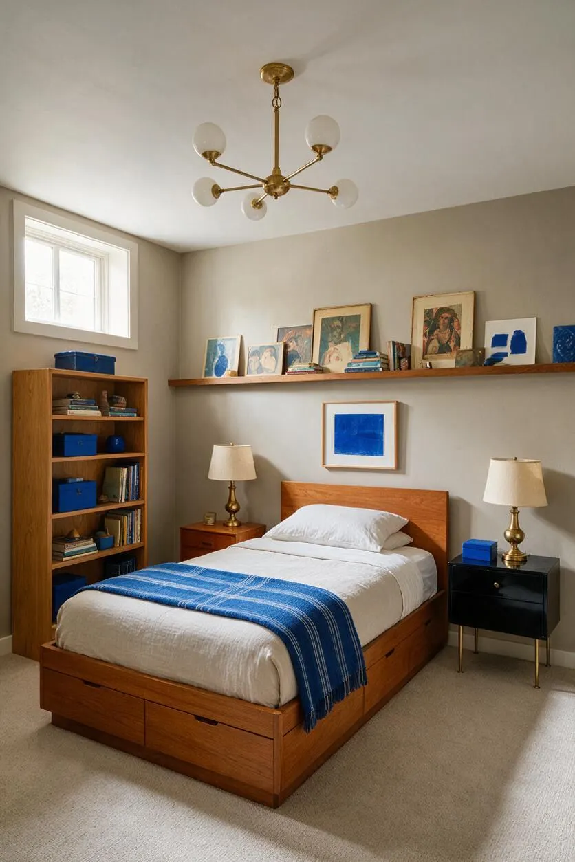 A calm guest bedroom with a wooden platform bed dressed in white bedding and a blue striped throw, flanked by mismatched bedside tables and brass lamps. The room features a floating display shelf with framed art and books, a tall wood bookcase with blue storage boxes, beige walls, carpet, and a modern brass ceiling fixture.