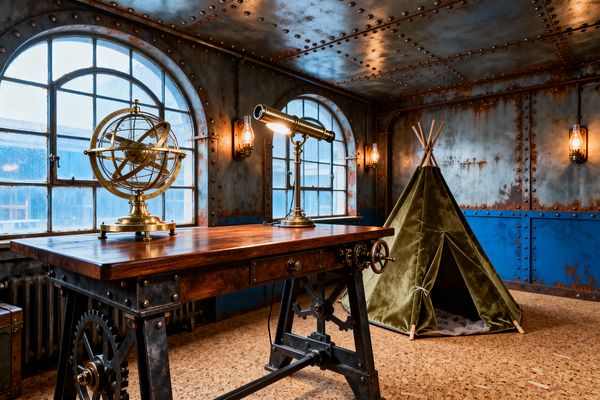 Industrial kids’ room with riveted metal walls and ceiling and two large arched factory windows. A wood-topped desk with a black iron gear base stands in the foreground, displaying a brass armillary sphere and a telescope-style lamp. On the right, an olive green velvet teepee rests on cork flooring. Blue riveted panels line the lower walls, while warm Edison bulb sconces cast a golden glow on the worn steel surfaces.
