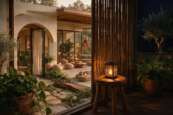 A biophilic exterior patio with stucco arches, floor-to-ceiling glass doors, and a bamboo screen in the foreground. Potted plants, stone stepping paths, rounded seating, and warm lantern light create a calm natural atmosphere at dusk.