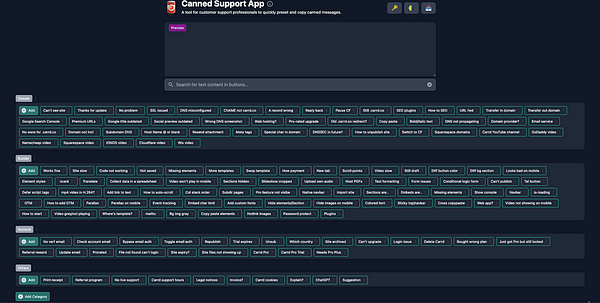 The image displays a user interface for the Canned Support App, showcasing various preset options for customer support messages.