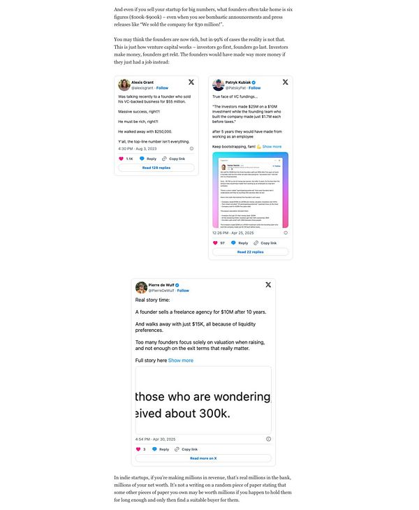 The image features a blog post discussing the realities of startup exits, highlighting the financial struggles of founders despite high sale prices.
