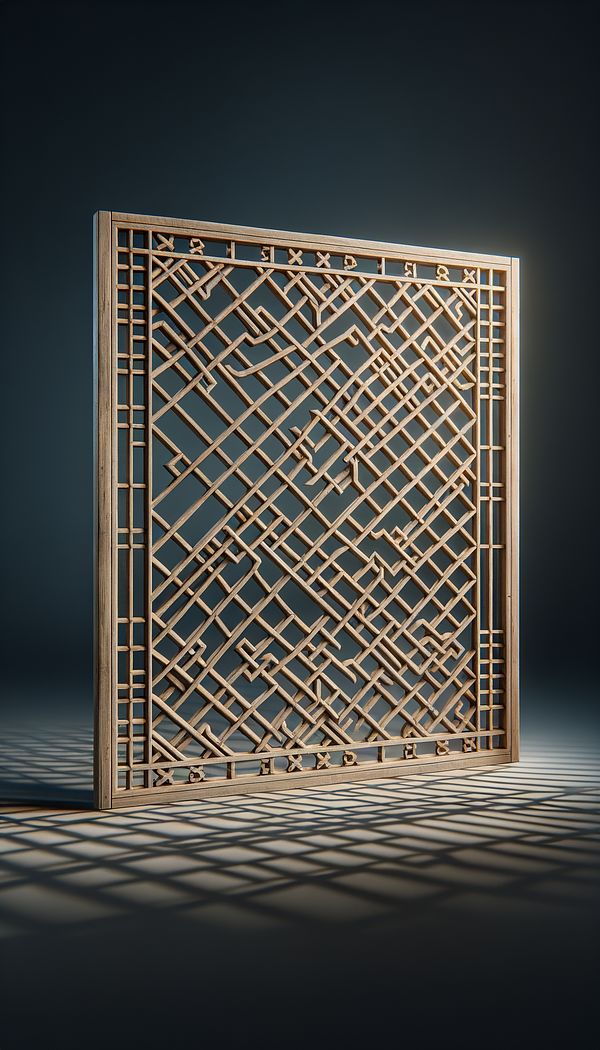 A wooden lattice panel used as a room divider, showing its intricate crisscross pattern.