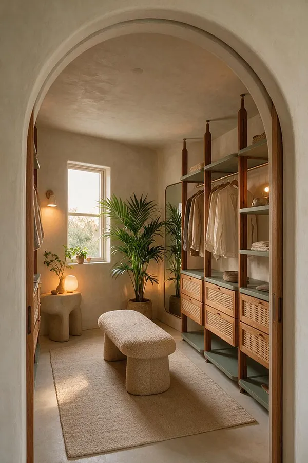 A serene closet with an arched entry, warm plaster walls, and open wooden shelving with woven rattan drawers. Potted palms and soft daylight from a small window create a calming biophilic atmosphere, while a textured bench and neutral rug add comfort.