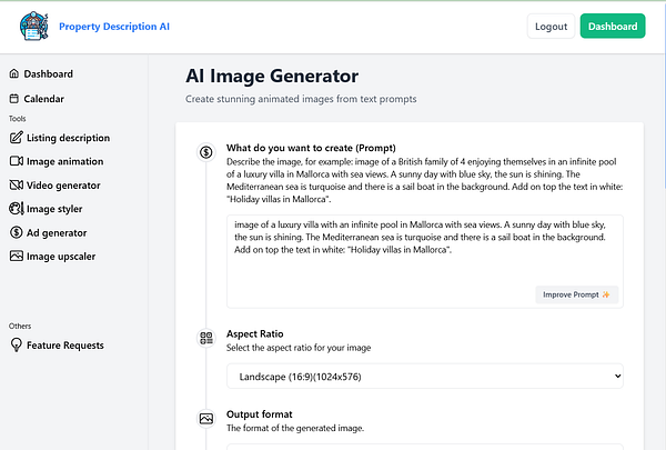 The image displays a user interface for an AI image generator tool focused on creating property descriptions.