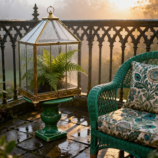 A foggy sunrise bathes a small patio with an ornate black cast-iron railing. On wet slate pavers, a brass-framed glass terrarium containing a fern sits on a green-glazed pedestal beside an emerald wicker armchair with cream cushions patterned in teal and peacock-blue florals. Dew beads on the glass while golden light reflects off the stones, creating a romantic Victorian atmosphere.