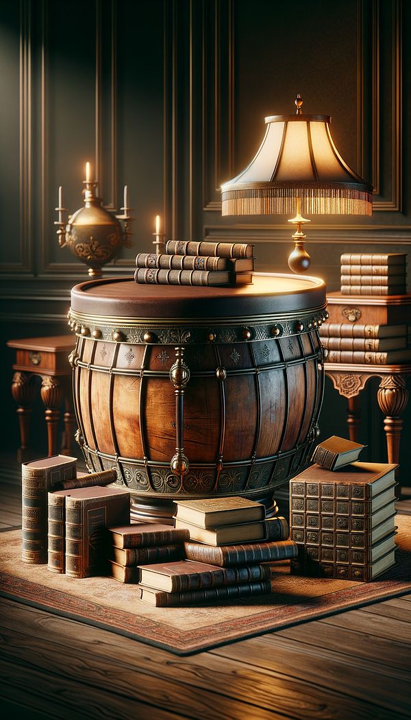 a wooden drum table with a leather top, surrounded by books and a vintage lamp, placed in an elegantly lit room