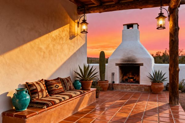 A Southwestern patio at sunset features terracotta Saltillo tile floors, white stucco walls, and a beehive-style outdoor fireplace with a small fire burning. A built-in stucco bench with kilim-pattern cushions sits beside agave and cactus in clay pots, turquoise-glazed pottery, rustic log posts, exposed vigas, and wrought-iron lanterns casting warm light across the scene.