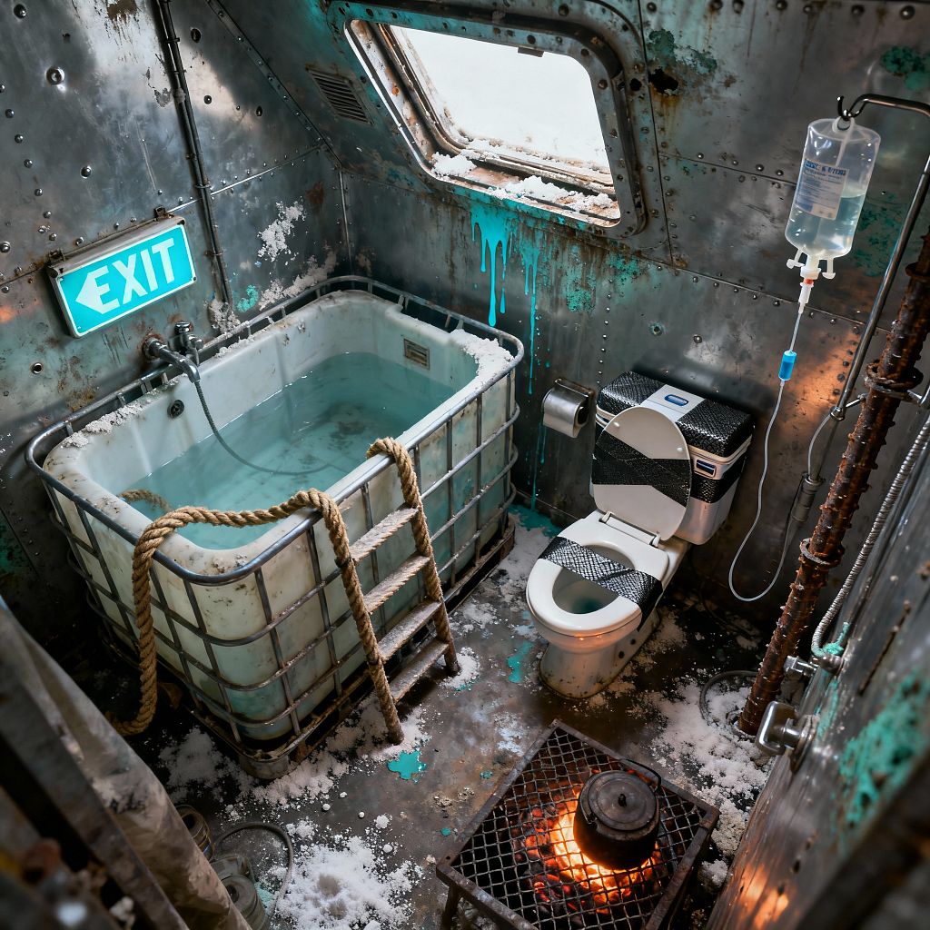 A compact post-apocalyptic bathroom lined with riveted galvanized steel panels features a repurposed white IBC tote filled with water, accessed by a rope ladder. A taped and patched toilet sits beside rusted pipes and an IV bag on a hook. Snow dusts the floor and sill while teal paint drips down the metal. A small stove with a kettle glows orange beneath a porthole-style window and an illuminated EXIT sign, blending survival utility with improvised industrial style.