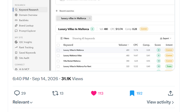 Screenshot of an SEO keyword research tool displaying keyword metrics for 'luxury villas in Mallorca'.