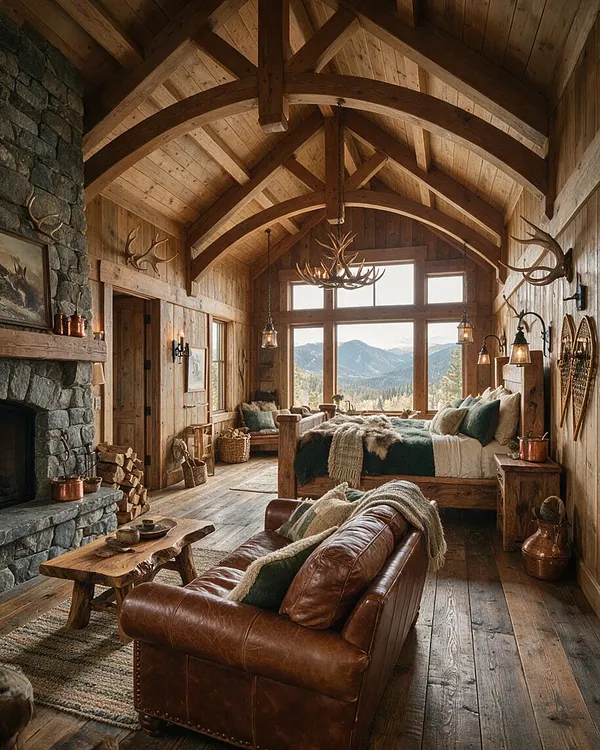 A rustic guest bedroom with a vaulted wood ceiling, exposed beams, and a floor-to-ceiling stone fireplace on the left. The room features a wood bed, leather sofa, antler chandeliers, warm lantern lighting, and a large picture window framing mountain views.